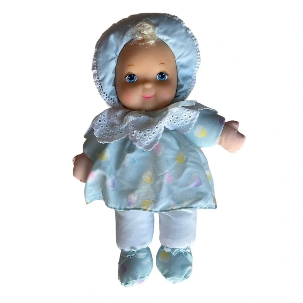 Vintage Jesvi Plush Baby Doll plastic face Blonde Hair Blue Outfit Rare Toy